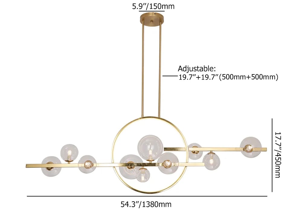HMR Bubi Modern Linear Kitchen Island Light for Dining Room with Glass Globe Shade - Gold, 10-Light