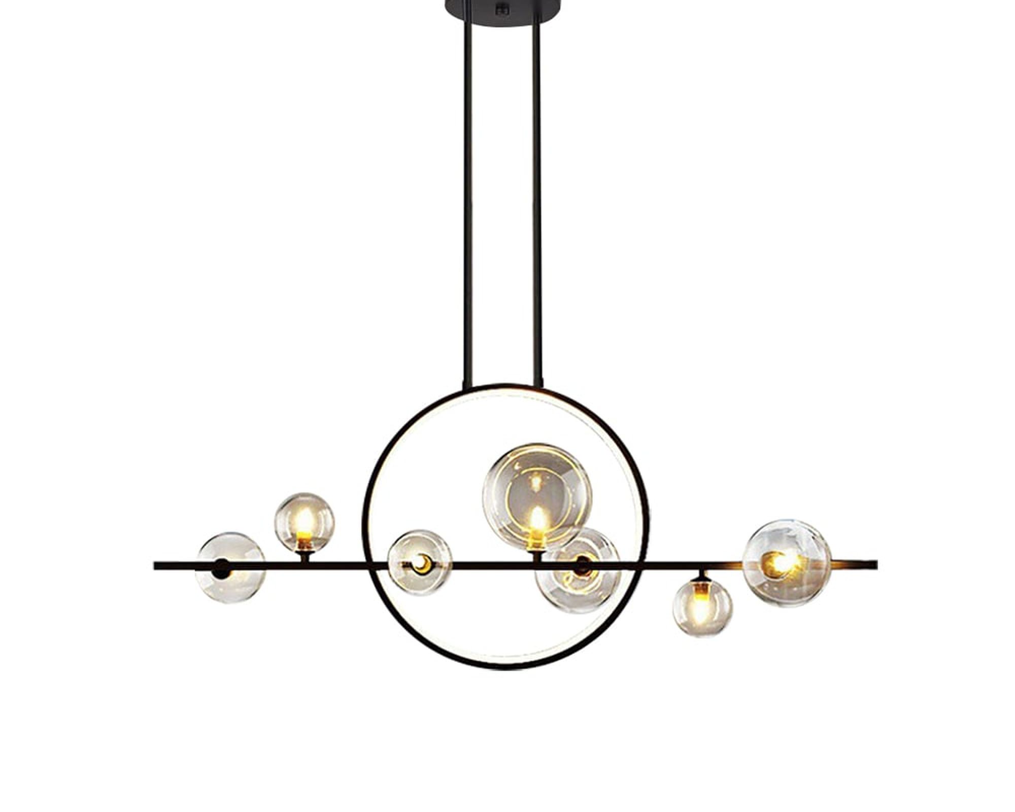HMR Bubi Modern Linear Kitchen Island Light for Dining Room with Glass Globe Shade - Black, 7-Light