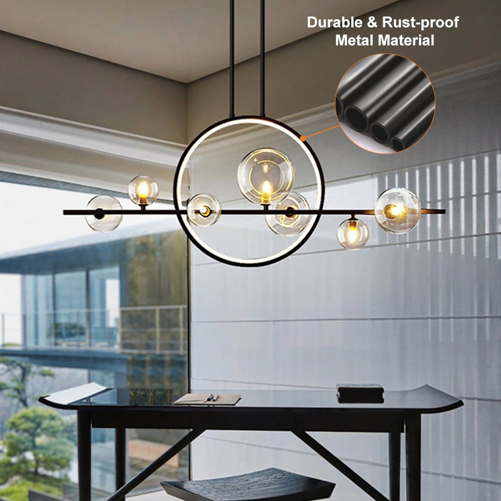 HMR Bubi Modern Linear Kitchen Island Light for Dining Room with Glass Globe Shade - Black, 7-Light