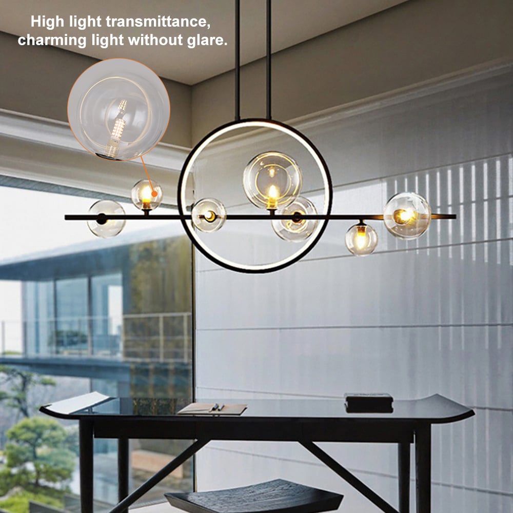 HMR Bubi Modern Linear Kitchen Island Light for Dining Room with Glass Globe Shade - Black, 7-Light