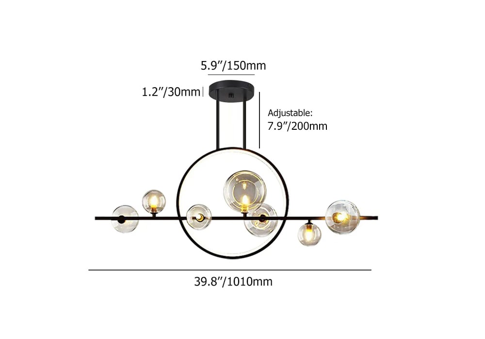 HMR Bubi Modern Linear Kitchen Island Light for Dining Room with Glass Globe Shade - Black, 7-Light