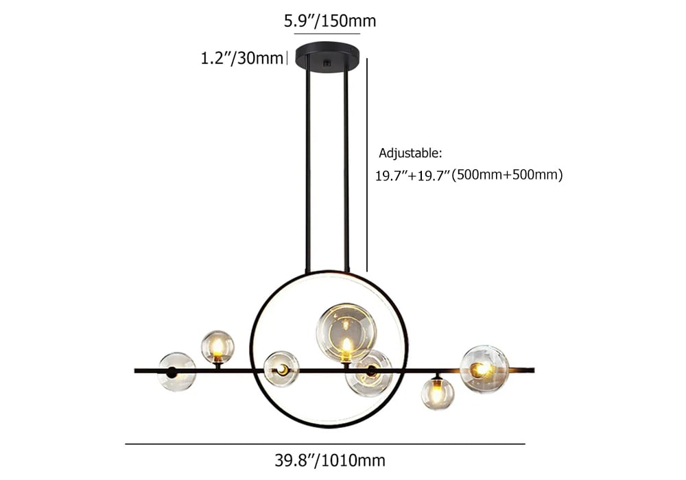 HMR Bubi Modern Linear Kitchen Island Light for Dining Room with Glass Globe Shade - Black, 7-Light
