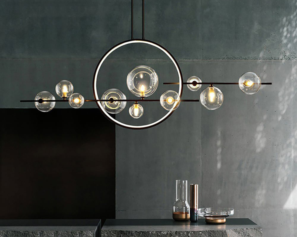 HMR - Bubi Modern Linear Kitchen Island Light for Dining Room with Glass Globe Shade