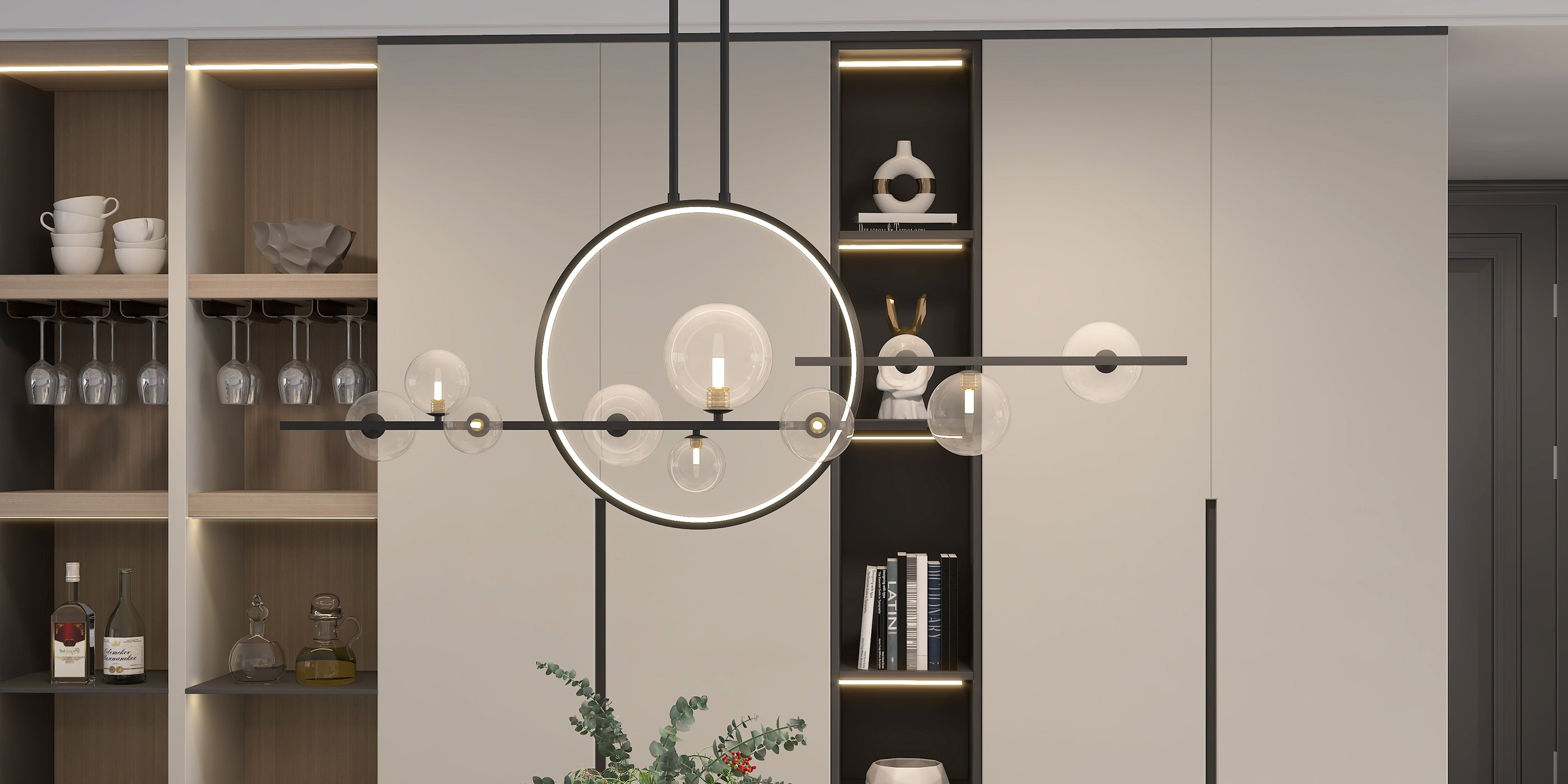 HMR - Bubi Modern Linear Kitchen Island Light for Dining Room with Glass Globe Shade