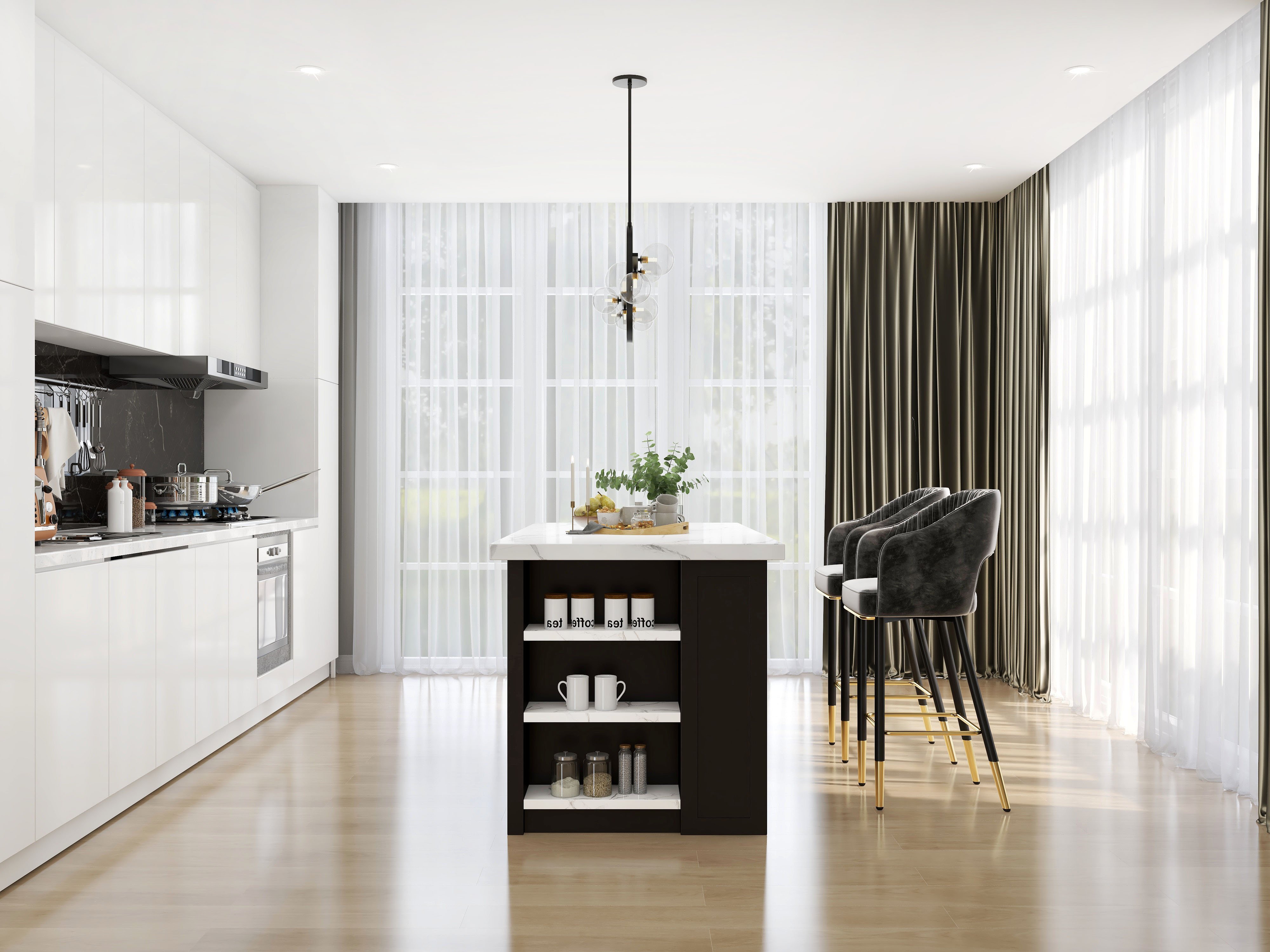 HMR - Bubi Modern Linear Kitchen Island Light for Dining Room with Glass Globe Shade