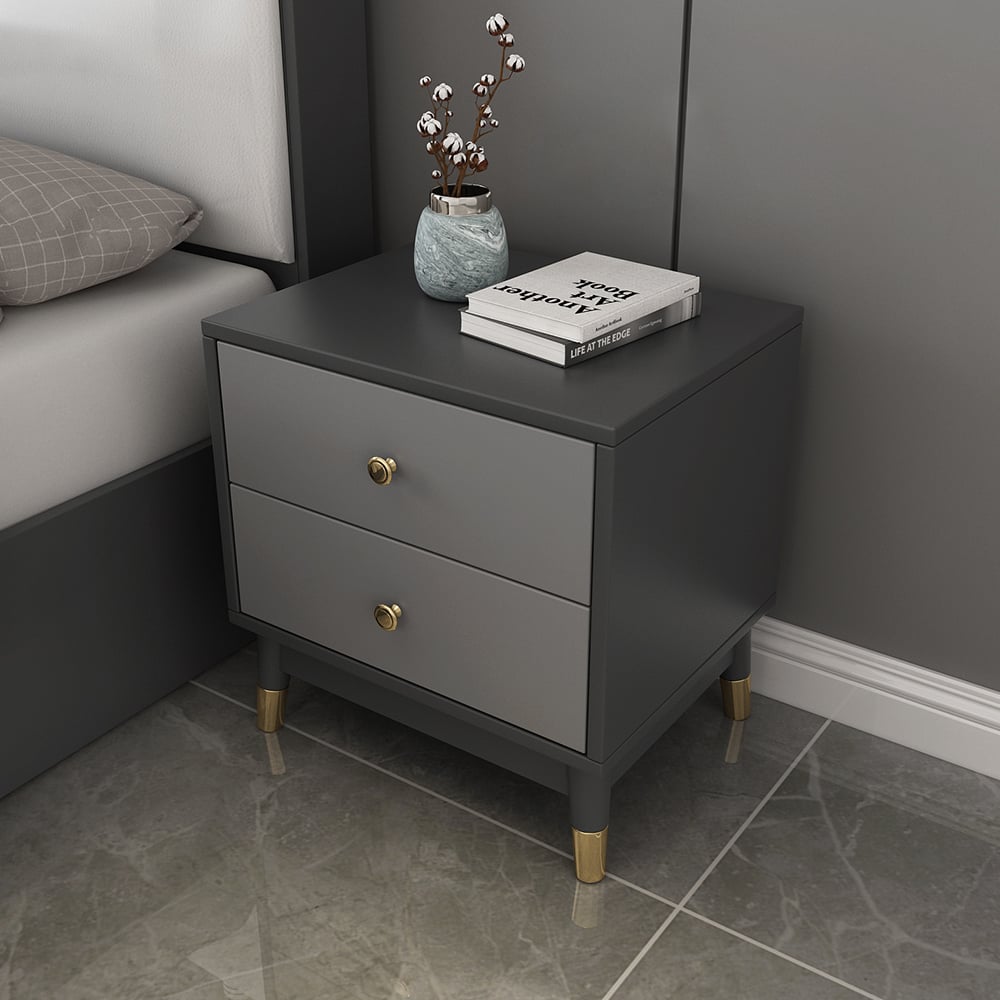 HMR - Ultic Modern Nightstand with 2 Drawers in Gray with Metal Legs
