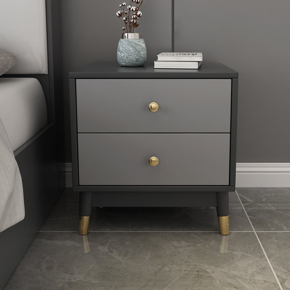 HMR - Ultic Modern Nightstand with 2 Drawers in Gray with Metal Legs