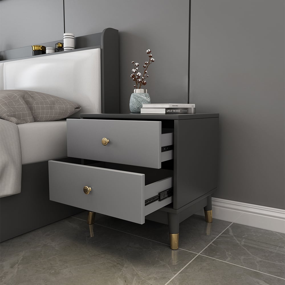 HMR - Ultic Modern Nightstand with 2 Drawers in Gray with Metal Legs