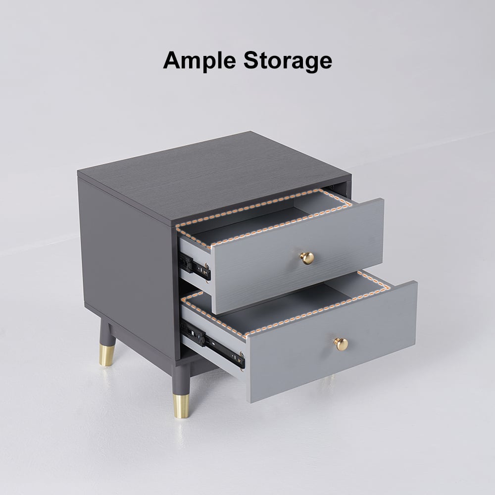 HMR - Ultic Modern Nightstand with 2 Drawers in Gray with Metal Legs
