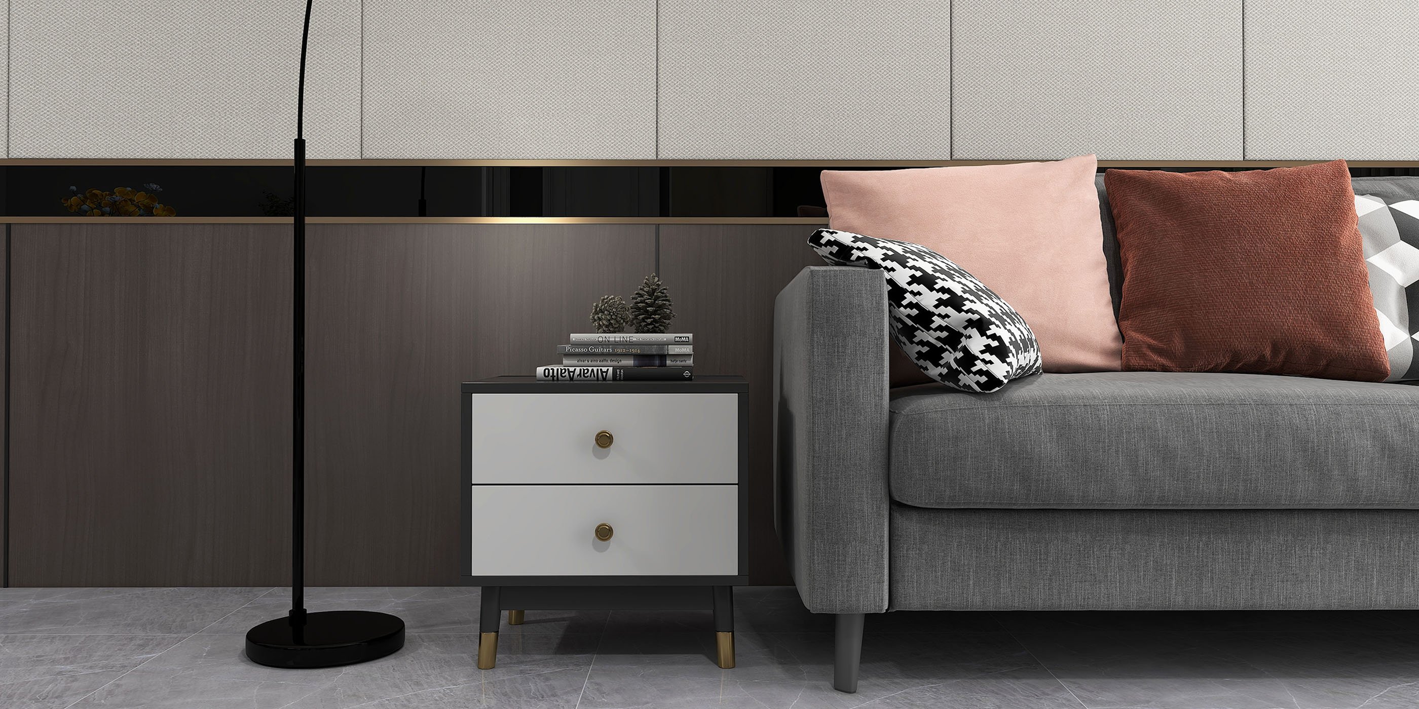 HMR - Ultic Modern Nightstand with 2 Drawers in Gray with Metal Legs