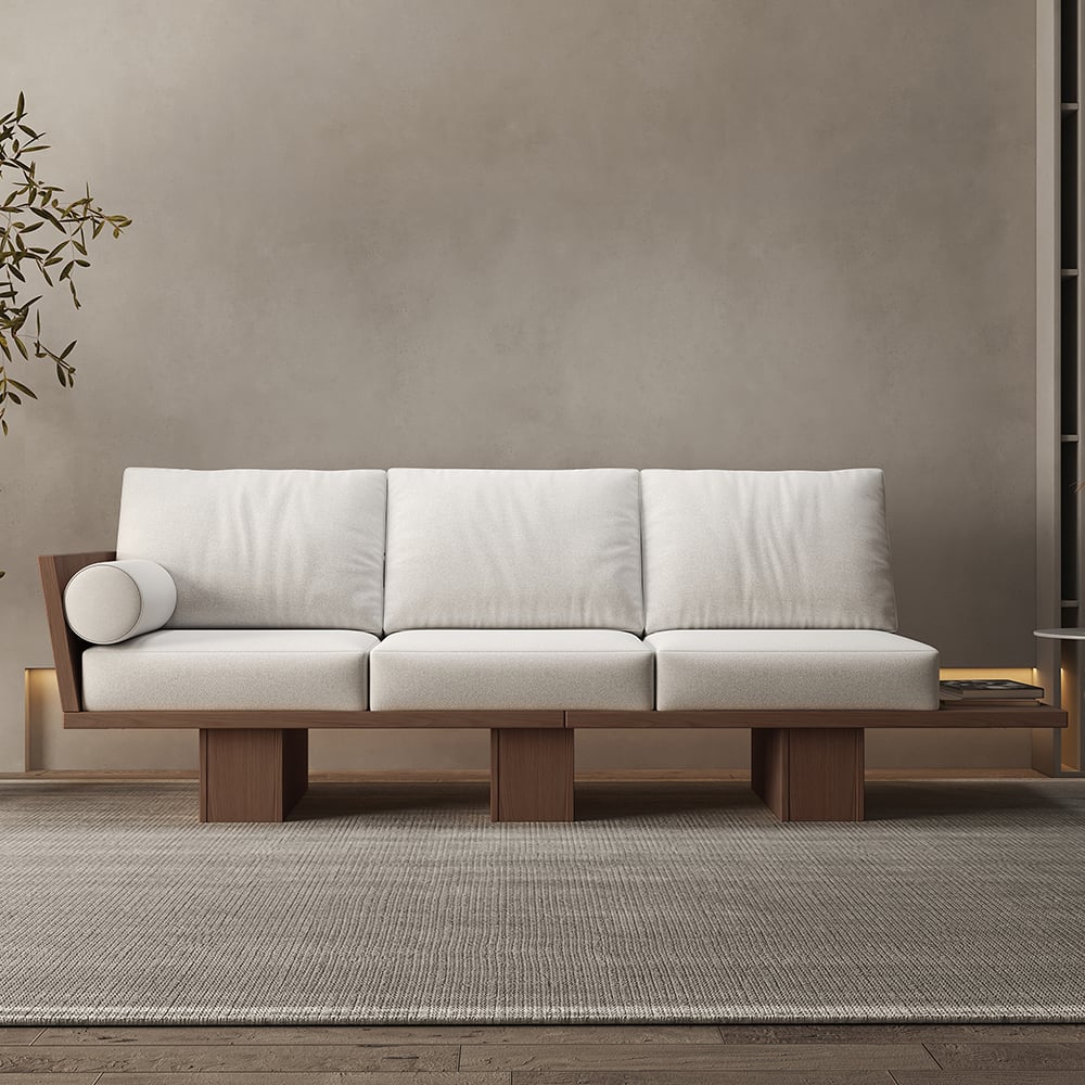 HMR - 97" Walnut Japandi Solid Wood Living Room Sofa 3-Seater Cotton & Linen Upholstery