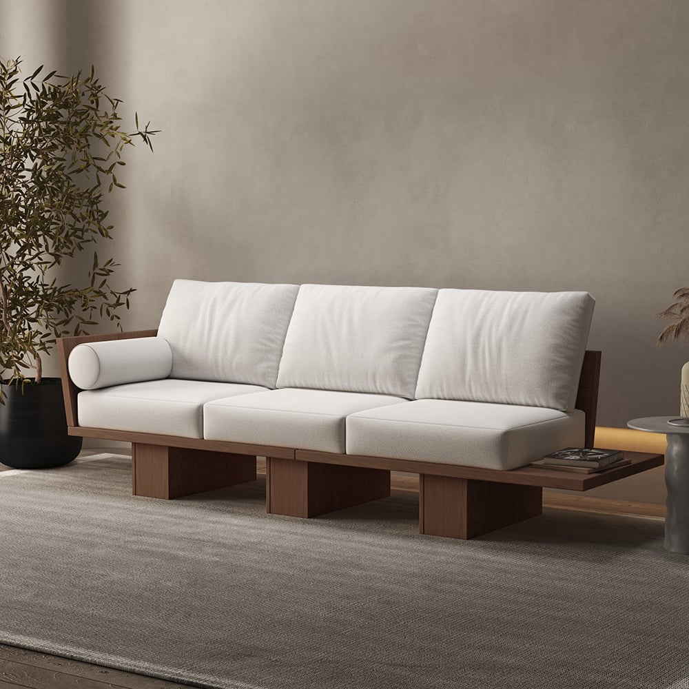 HMR - 97" Walnut Japandi Solid Wood Living Room Sofa 3-Seater Cotton & Linen Upholstery