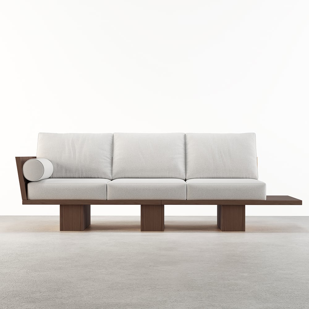 HMR - 97" Walnut Japandi Solid Wood Living Room Sofa 3-Seater Cotton & Linen Upholstery