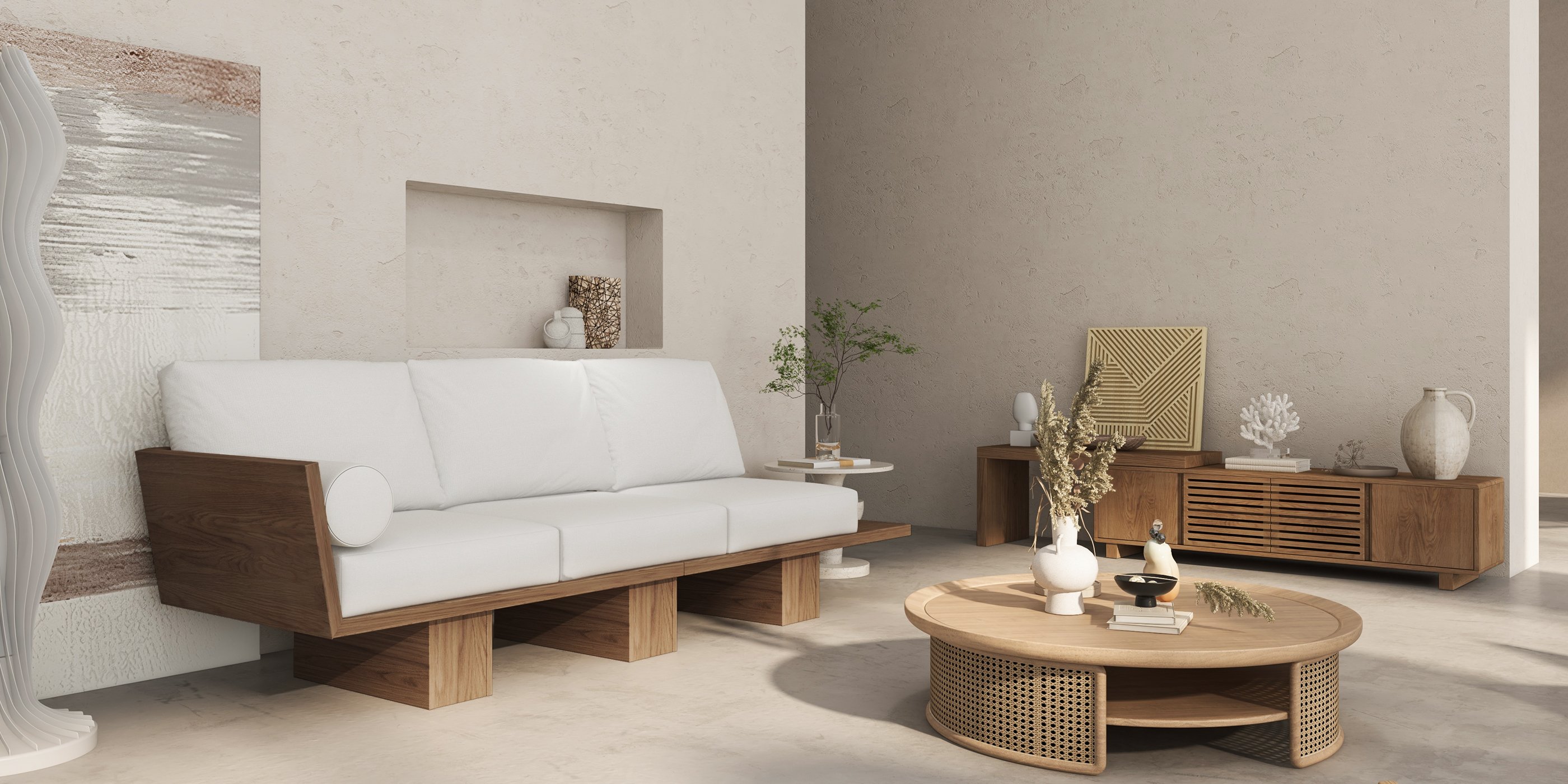 HMR - 97" Walnut Japandi Solid Wood Living Room Sofa 3-Seater Cotton & Linen Upholstery