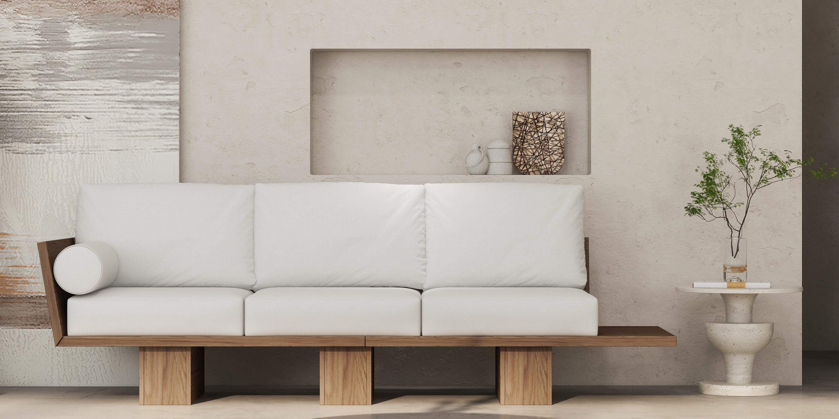 HMR - 97" Walnut Japandi Solid Wood Living Room Sofa 3-Seater Cotton & Linen Upholstery