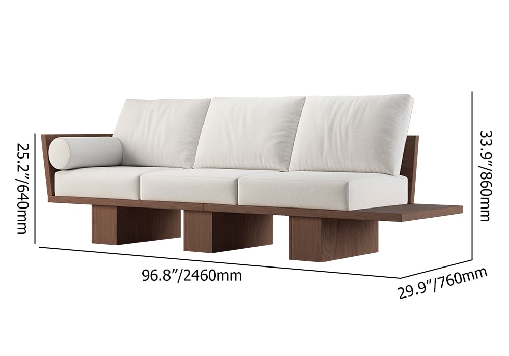 HMR - 97" Walnut Japandi Solid Wood Living Room Sofa 3-Seater Cotton & Linen Upholstery