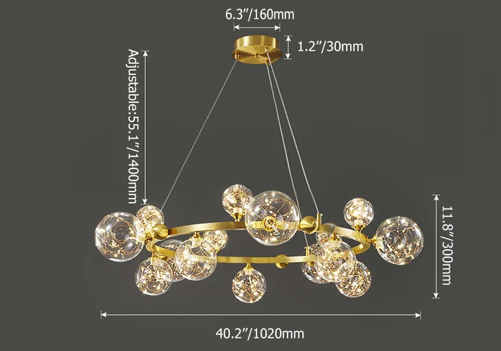 HMR Miglobe Gold Glass Globe LED Chandelier with Adjustable Cable - 15-Light