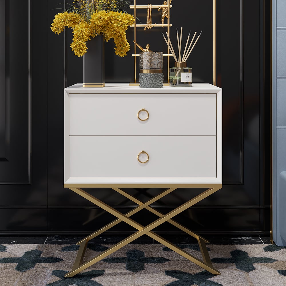 HMR - 19.7" Modern White Nightstand with 2 Drawers X-Shaped Pedestal