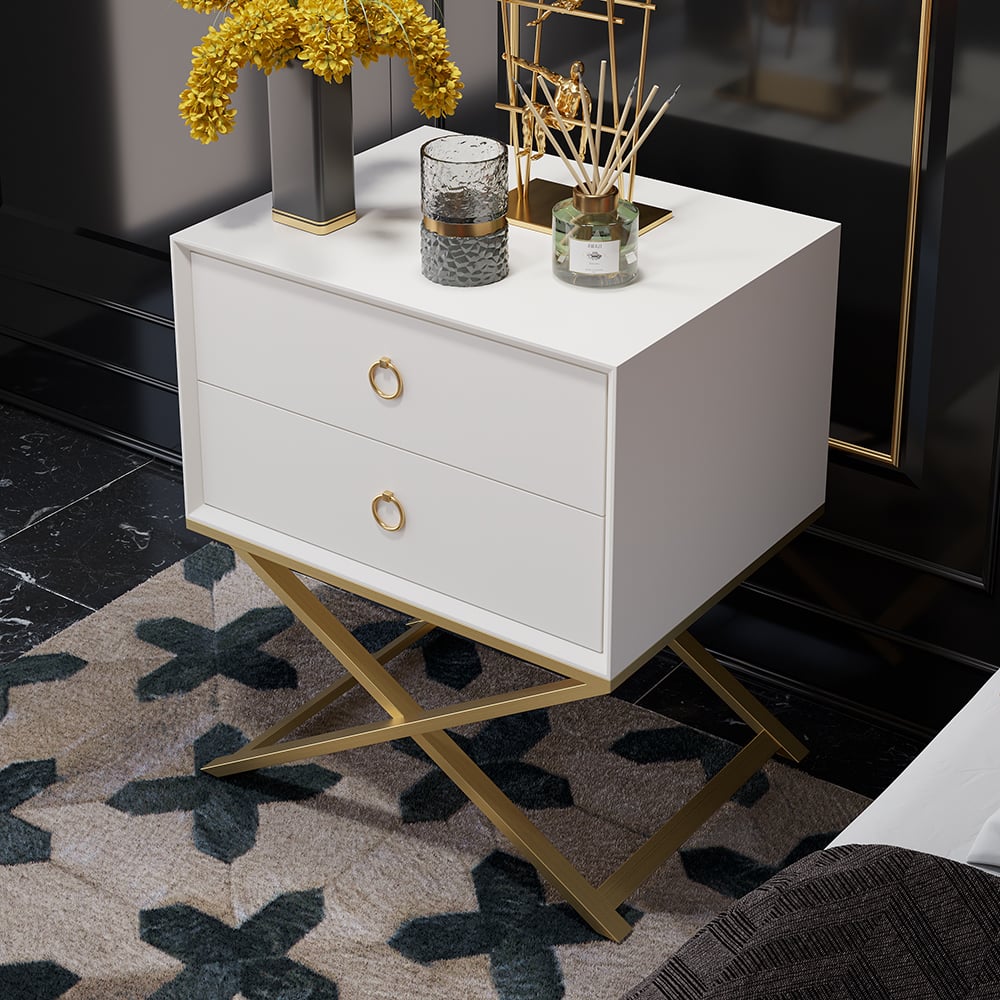 HMR - 19.7" Modern White Nightstand with 2 Drawers X-Shaped Pedestal