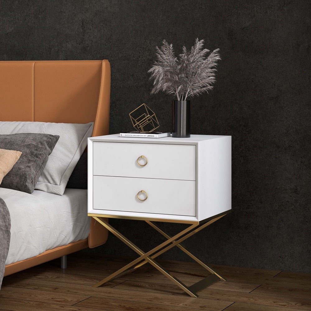 HMR - 19.7" Modern White Nightstand with 2 Drawers X-Shaped Pedestal