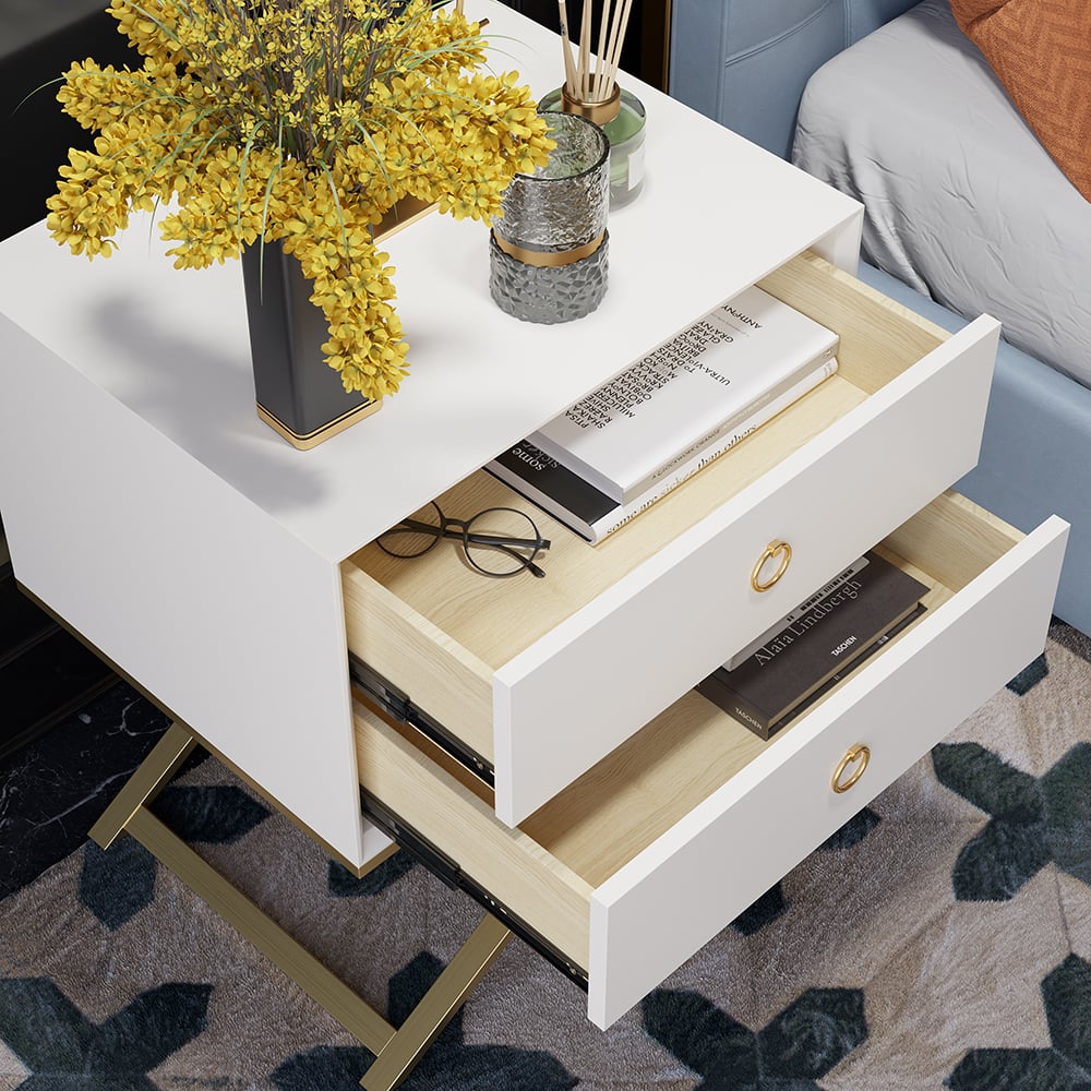 HMR - 19.7" Modern White Nightstand with 2 Drawers X-Shaped Pedestal