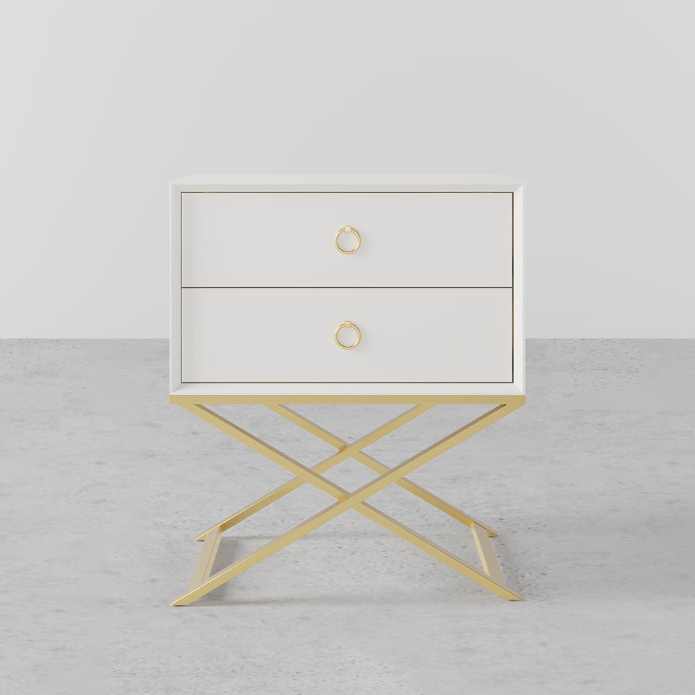 HMR - 19.7" Modern White Nightstand with 2 Drawers X-Shaped Pedestal