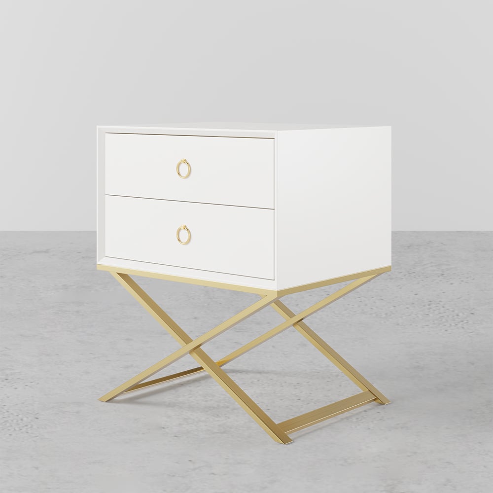 HMR - 19.7" Modern White Nightstand with 2 Drawers X-Shaped Pedestal