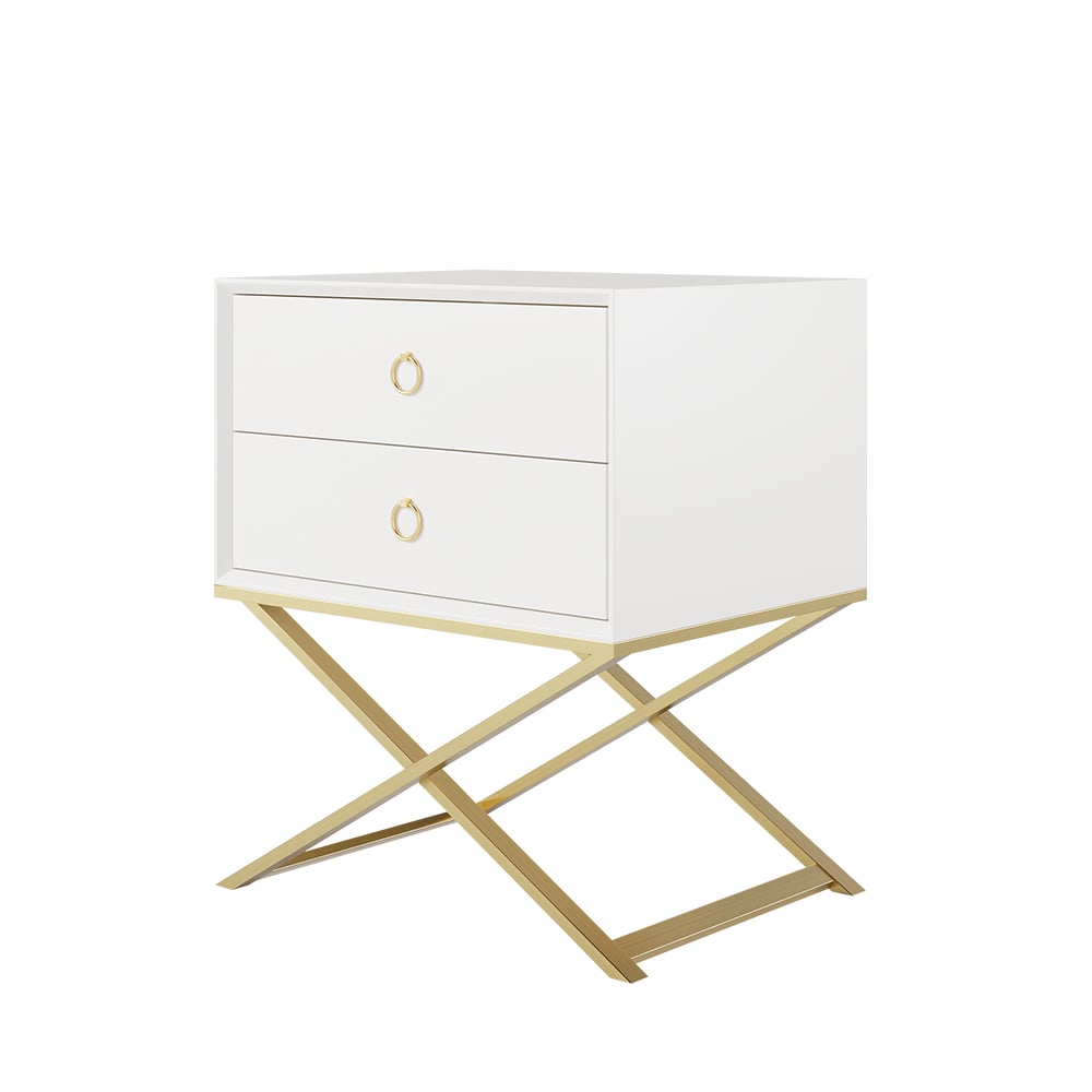 HMR - 19.7" Modern White Nightstand with 2 Drawers X-Shaped Pedestal