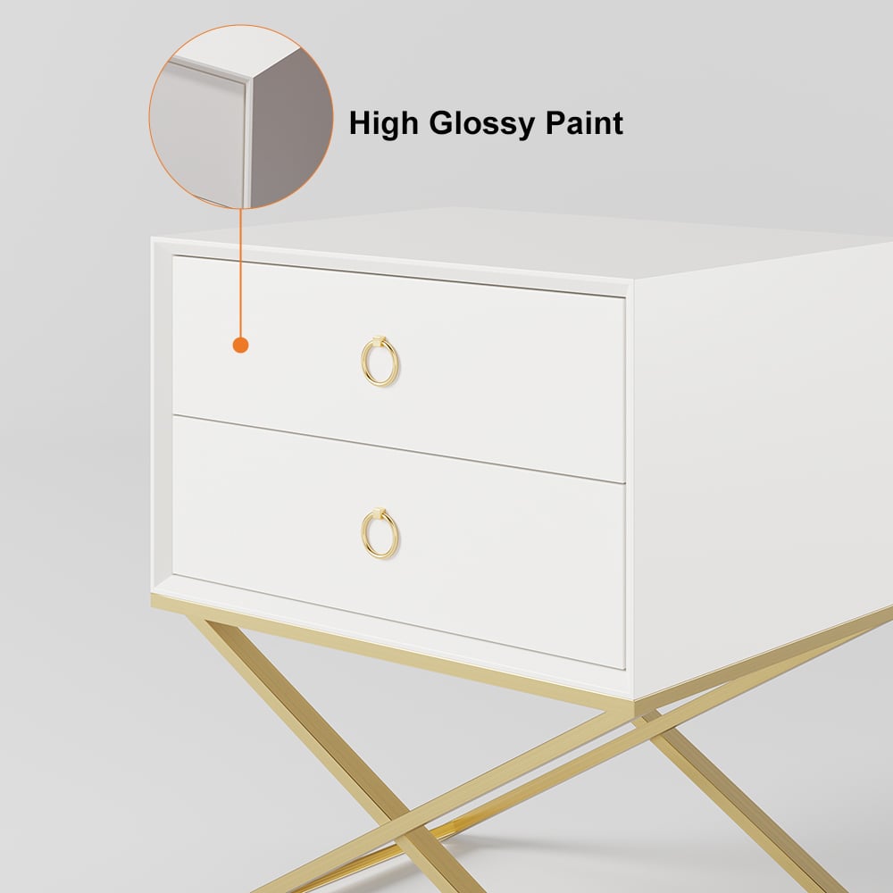 HMR - 19.7" Modern White Nightstand with 2 Drawers X-Shaped Pedestal