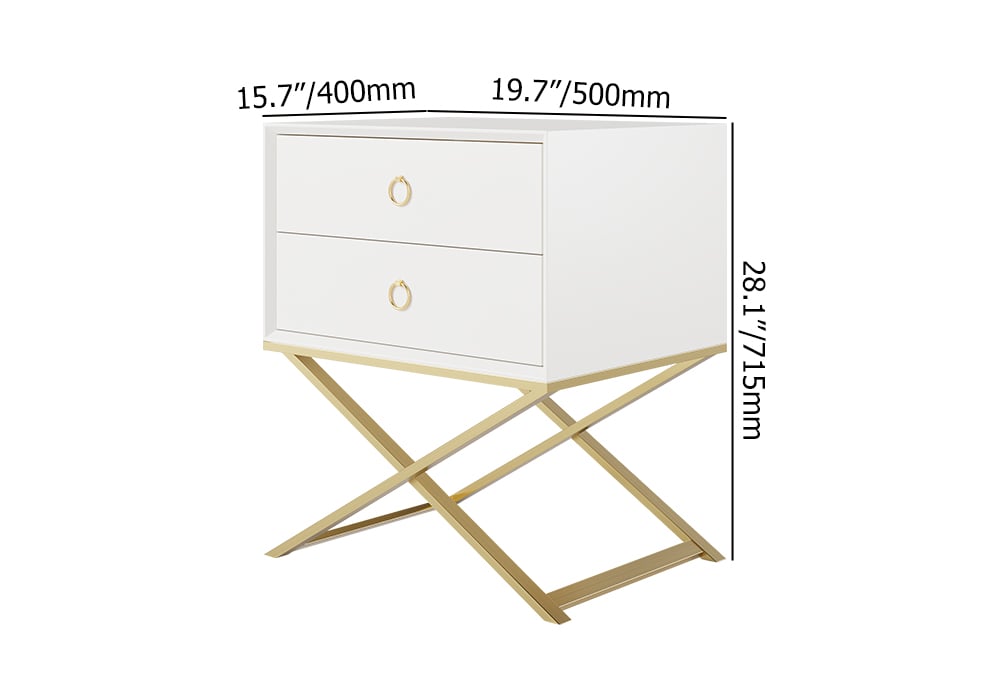 HMR - 19.7" Modern White Nightstand with 2 Drawers X-Shaped Pedestal