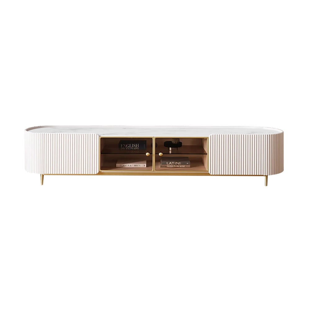 HMR - Palley Modern Oval TV Stand with Storage & Glass Doors in White for TV Up to 85 Inch