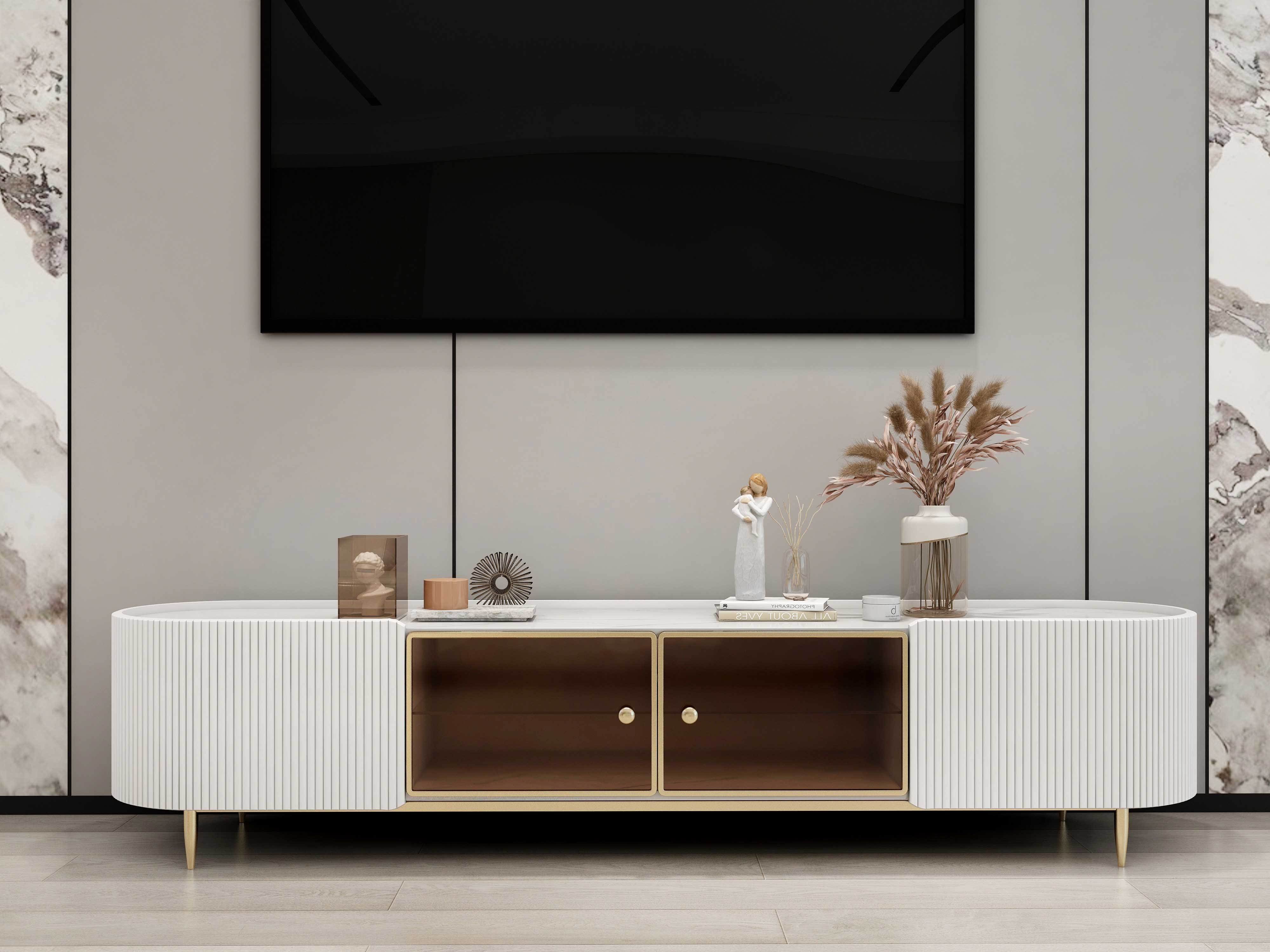 HMR - Palley Modern Oval TV Stand with Storage & Glass Doors in White for TV Up to 85 Inch
