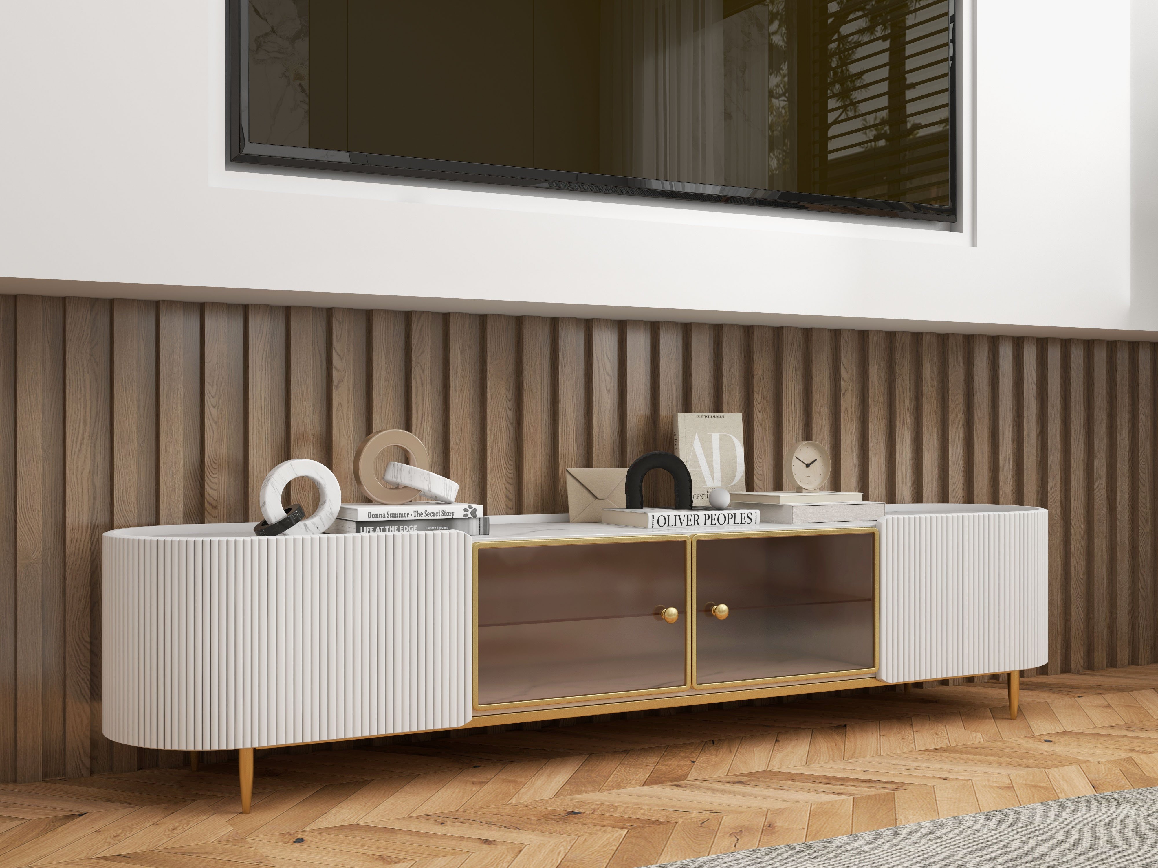 HMR - Palley Modern Oval TV Stand with Storage & Glass Doors in White for TV Up to 85 Inch