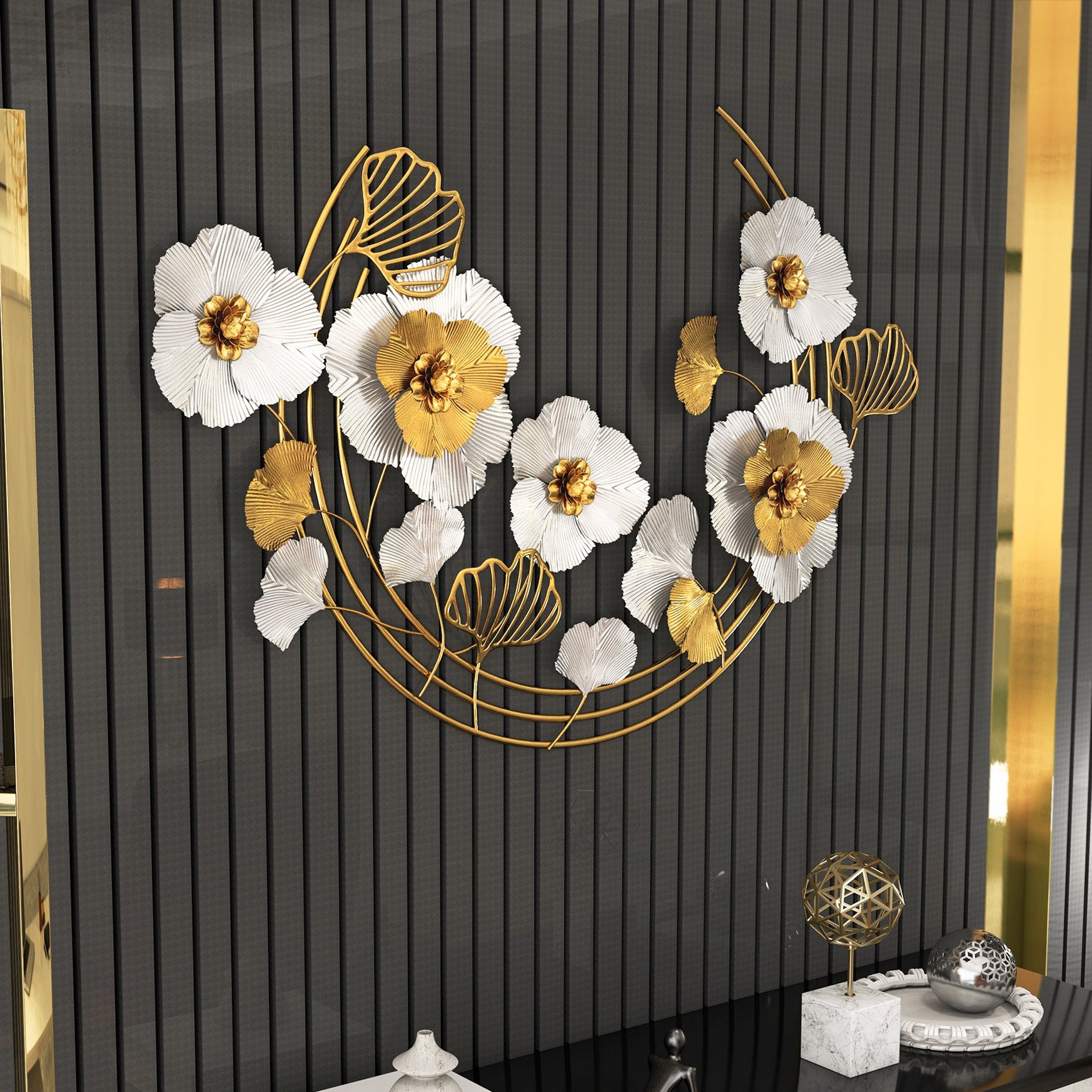 HMR - 47.2" Modern Metal Wall Decor Art with Gold & White Leaves & Flowers for Living Room