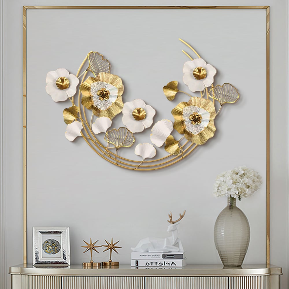 HMR - 47.2" Modern Metal Wall Decor Art with Gold & White Leaves & Flowers for Living Room