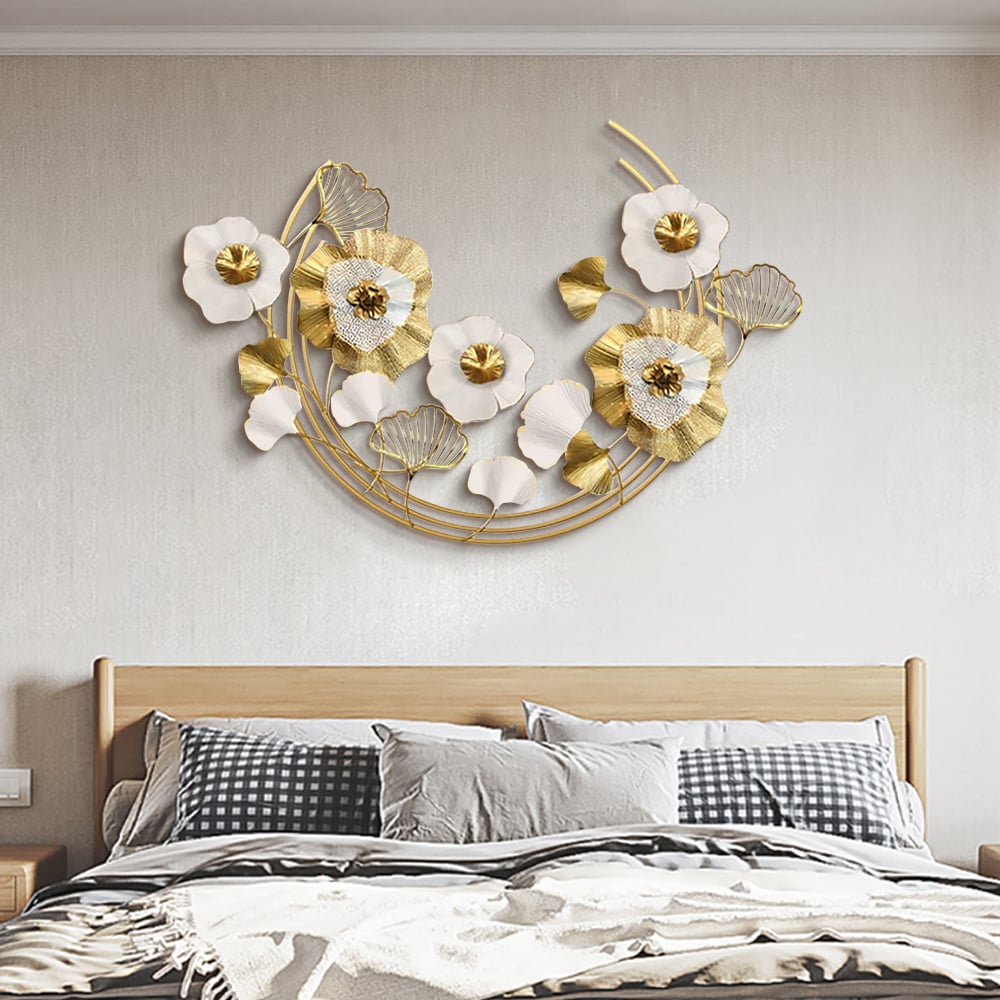 HMR - 47.2" Modern Metal Wall Decor Art with Gold & White Leaves & Flowers for Living Room
