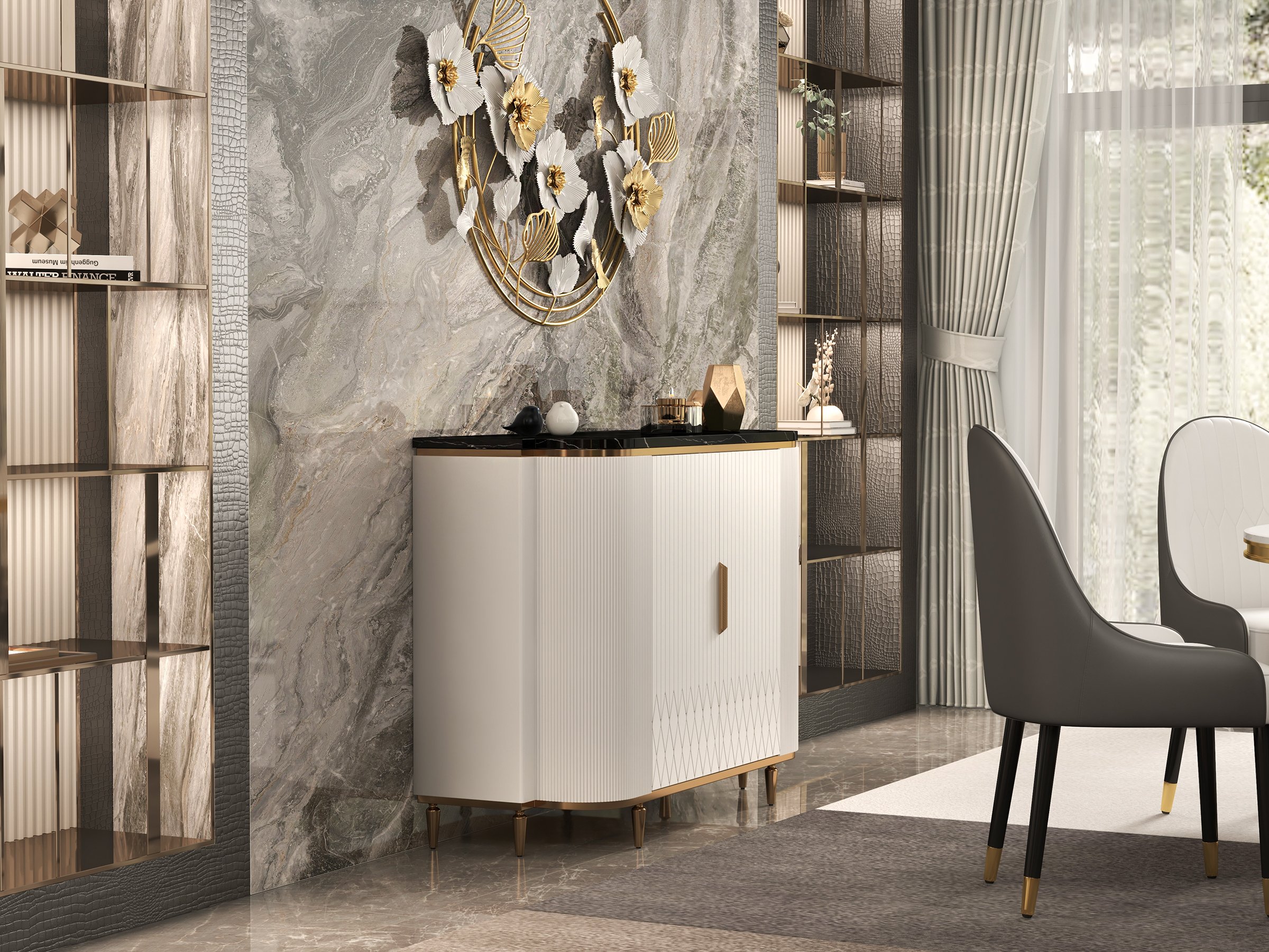 HMR - 47.2" Modern Metal Wall Decor Art with Gold & White Leaves & Flowers for Living Room
