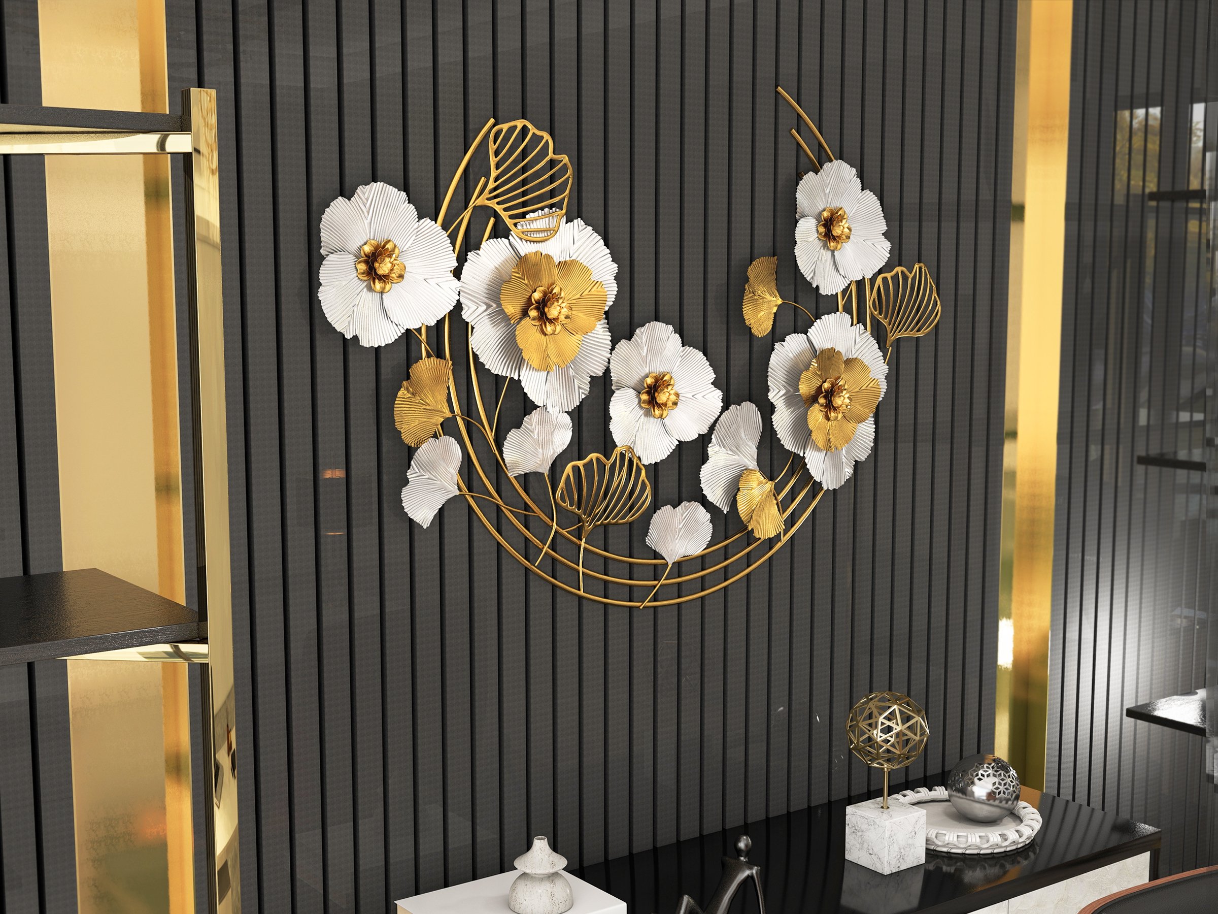 HMR - 47.2" Modern Metal Wall Decor Art with Gold & White Leaves & Flowers for Living Room