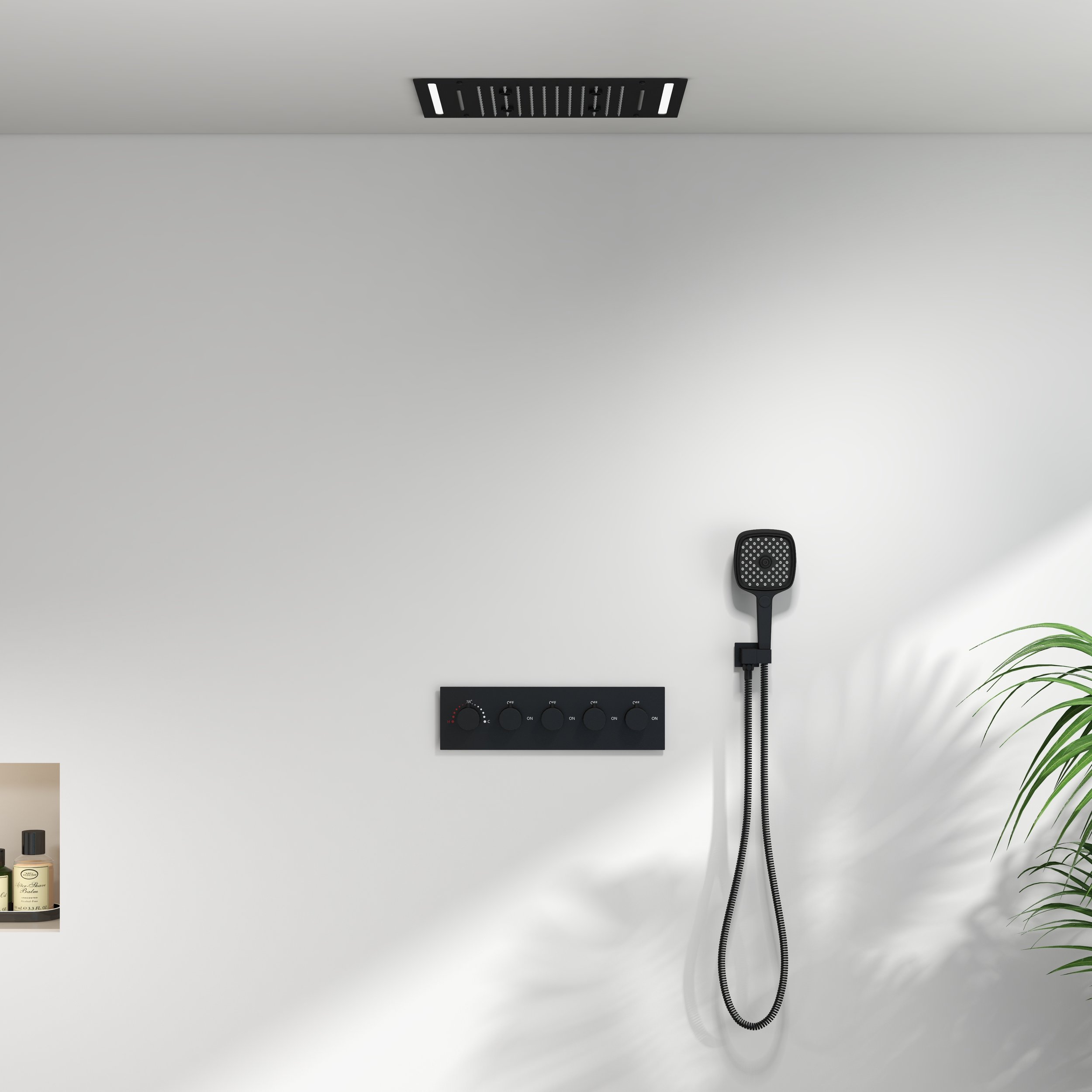 HMR - 20" Ceiling Mounted Thermostatic Rainfall Shower System 4 Functions LED Light in Black
