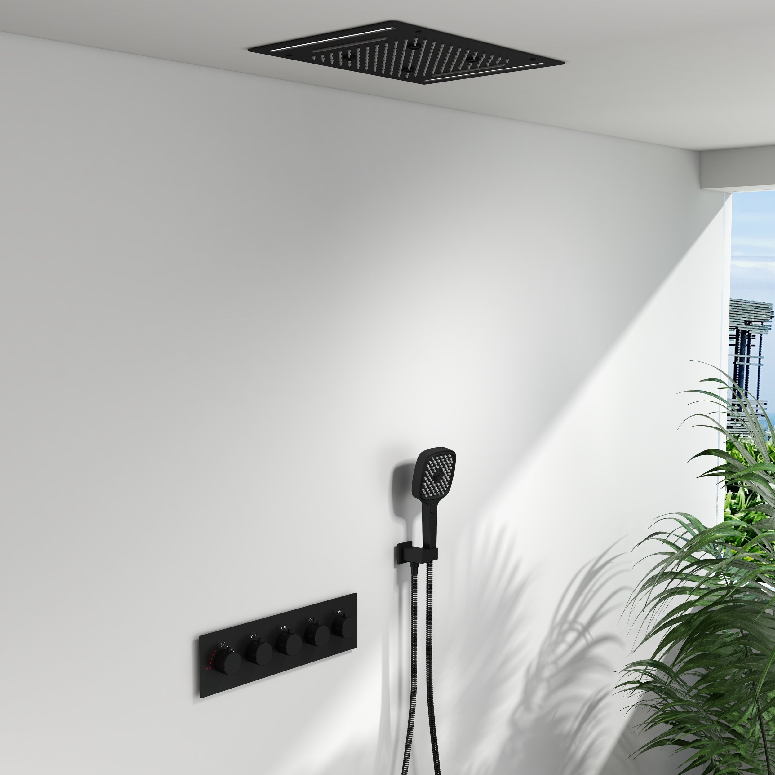 HMR - 20" Ceiling Mounted Thermostatic Rainfall Shower System 4 Functions LED Light in Black