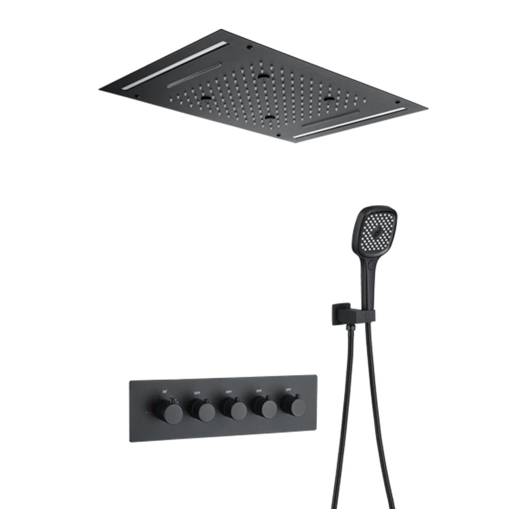 HMR - 20" Ceiling Mounted Thermostatic Rainfall Shower System 4 Functions LED Light in Black