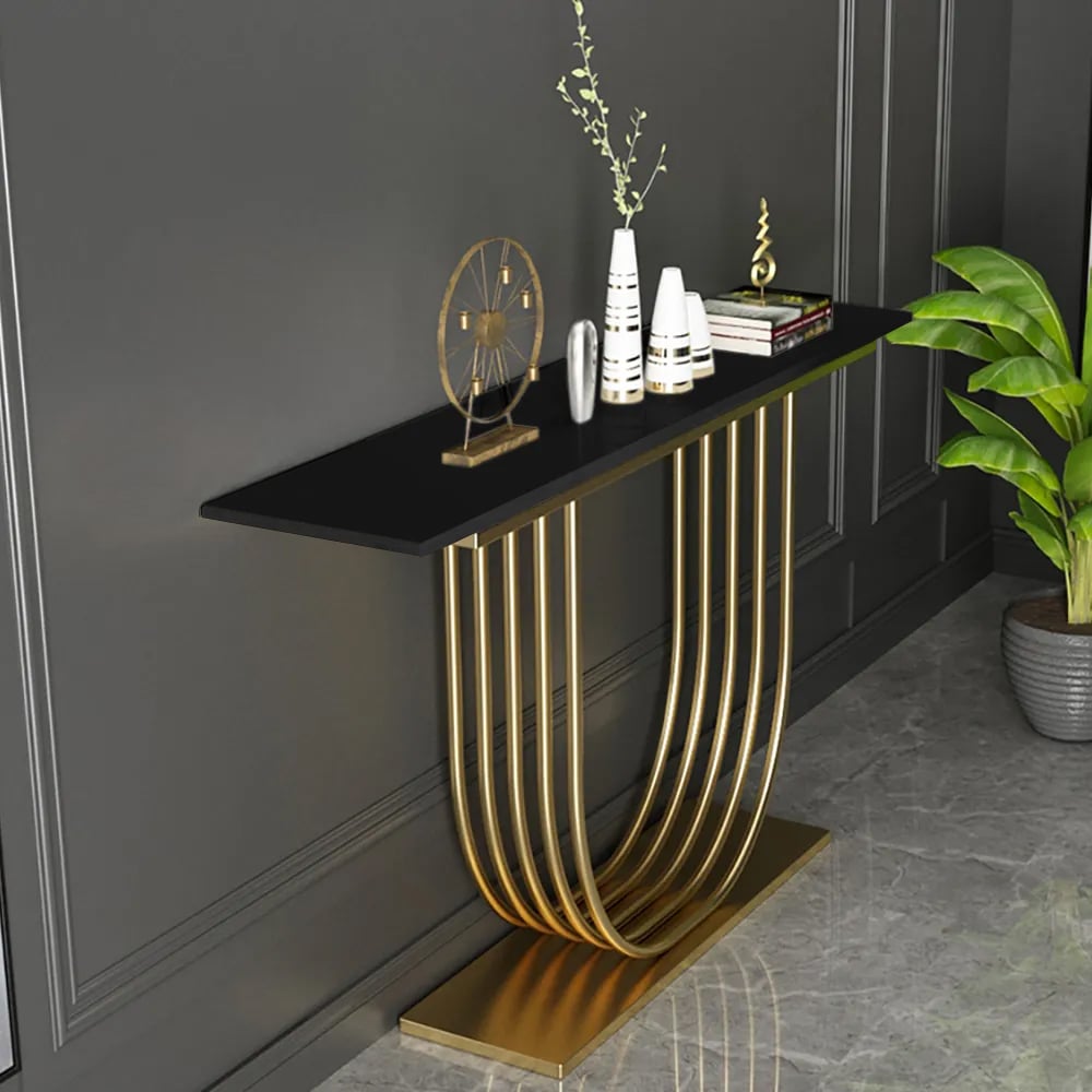 HMR - 47.2" Black Solid Wood Narrow Console Table Gold Metal Pedestal Entryway Table