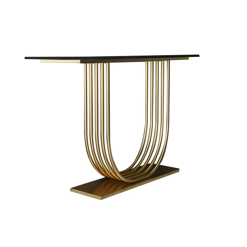 HMR - 47.2" Black Solid Wood Narrow Console Table Gold Metal Pedestal Entryway Table