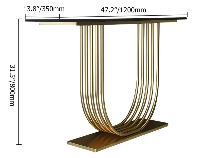 HMR - 47.2" Black Solid Wood Narrow Console Table Gold Metal Pedestal Entryway Table