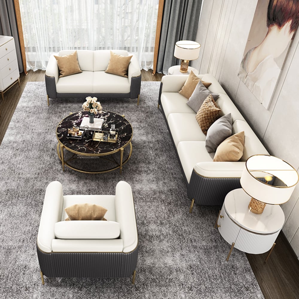 HMR - Vertex Gray & Beige Modern Living Room Set Leather Upholstered Sofa Set Pillow Included