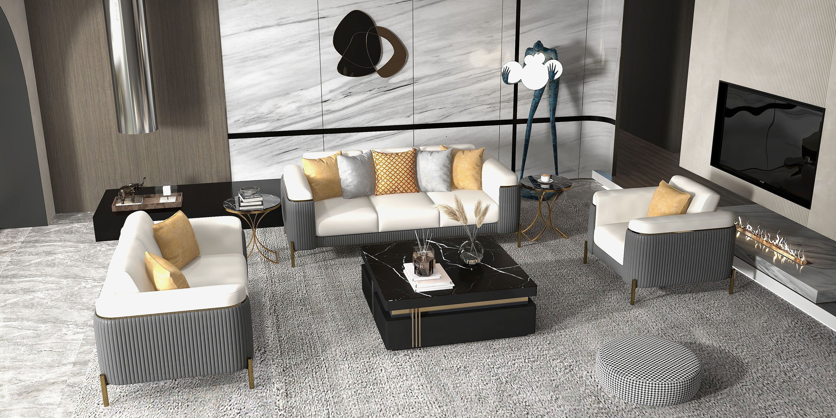 HMR - Vertex Gray & Beige Modern Living Room Set Leather Upholstered Sofa Set Pillow Included