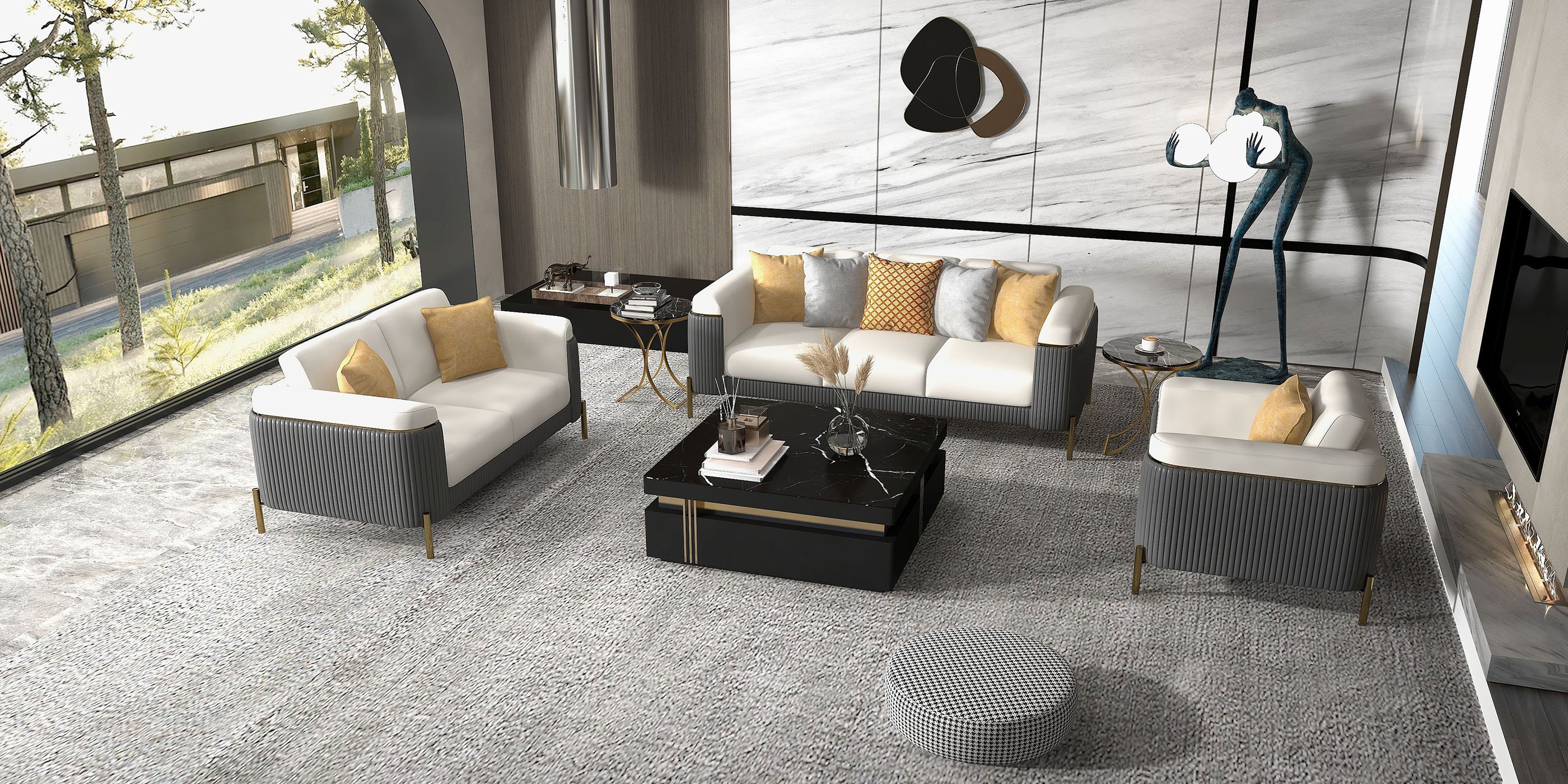 HMR - Vertex Gray & Beige Modern Living Room Set Leather Upholstered Sofa Set Pillow Included
