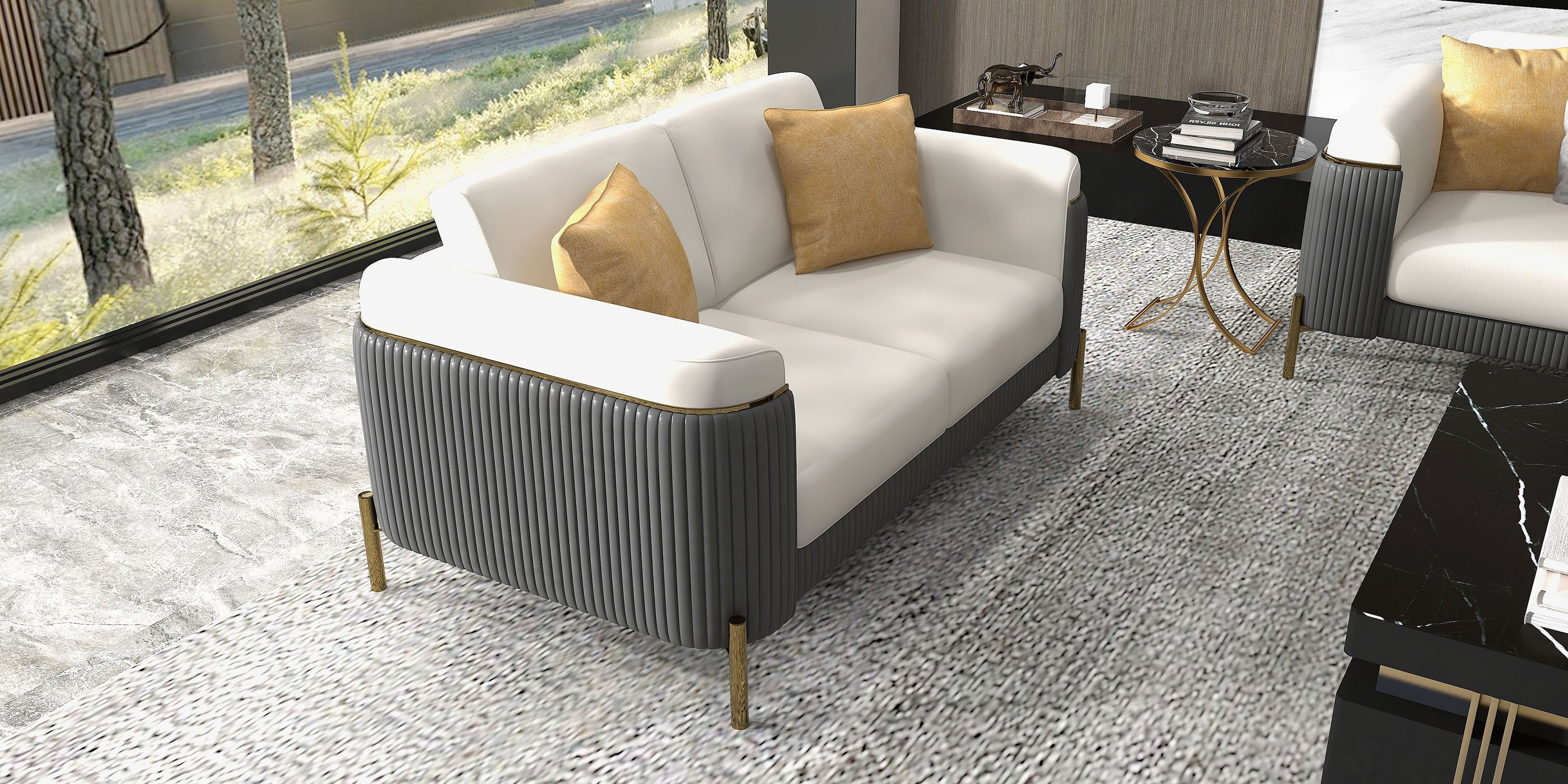 HMR - Vertex Gray & Beige Modern Living Room Set Leather Upholstered Sofa Set Pillow Included