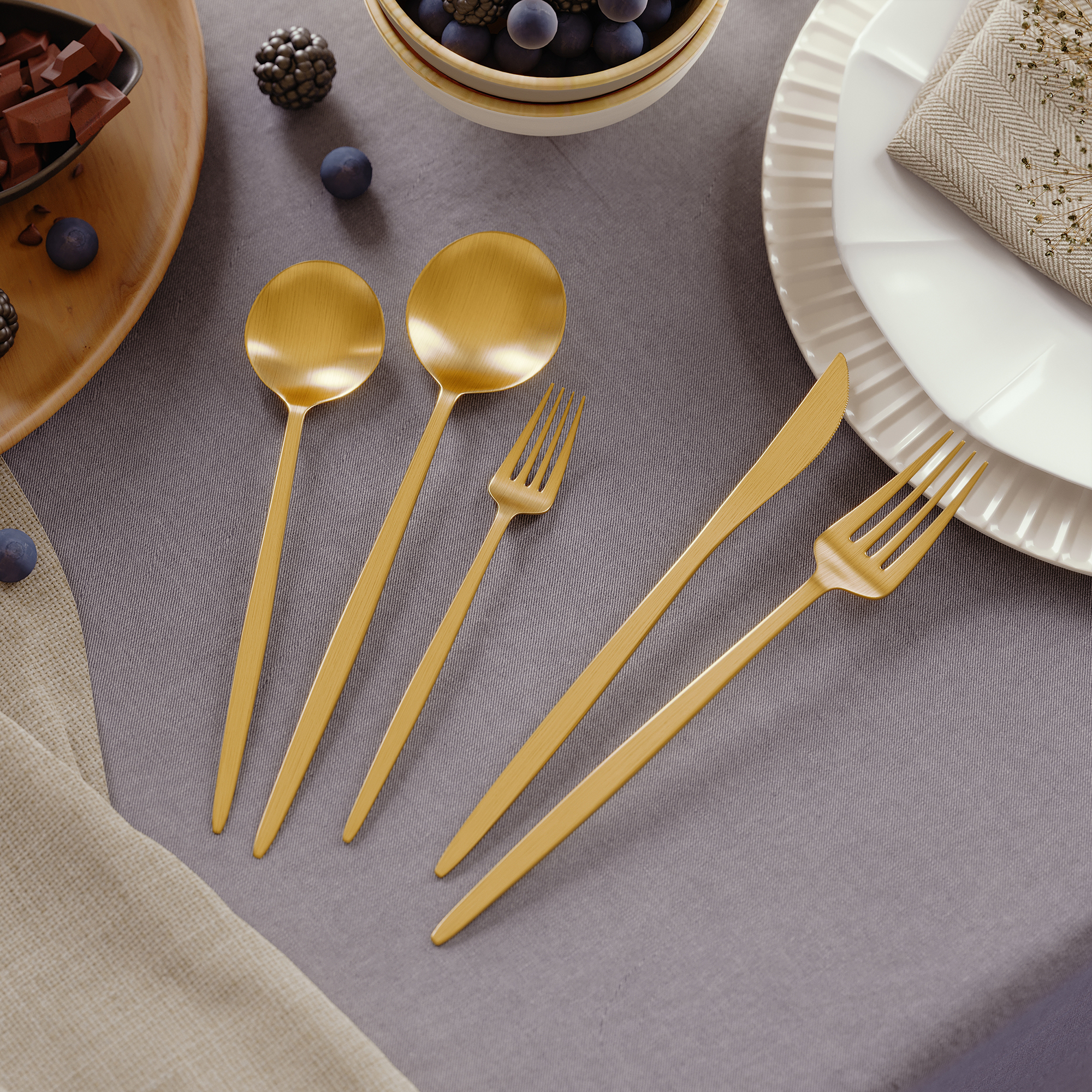 HMR - 60 Pieces Brushed Gold Stainless Steel Flatware Set, Service for 12