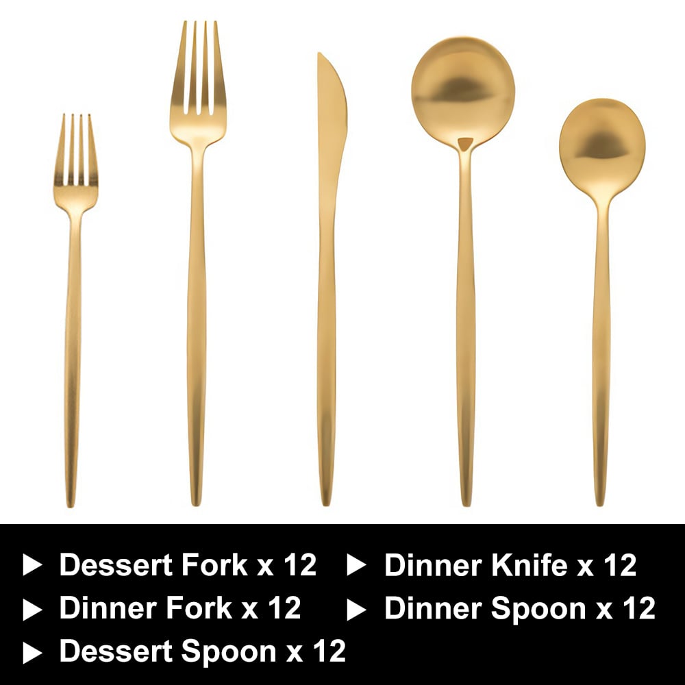 HMR - 60 Pieces Brushed Gold Stainless Steel Flatware Set, Service for 12